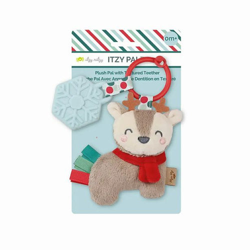 Holiday Reindeer Itzy Pal™ Plush + Teether. Tan plush reindeer in red scarf with blue snowflake teether.