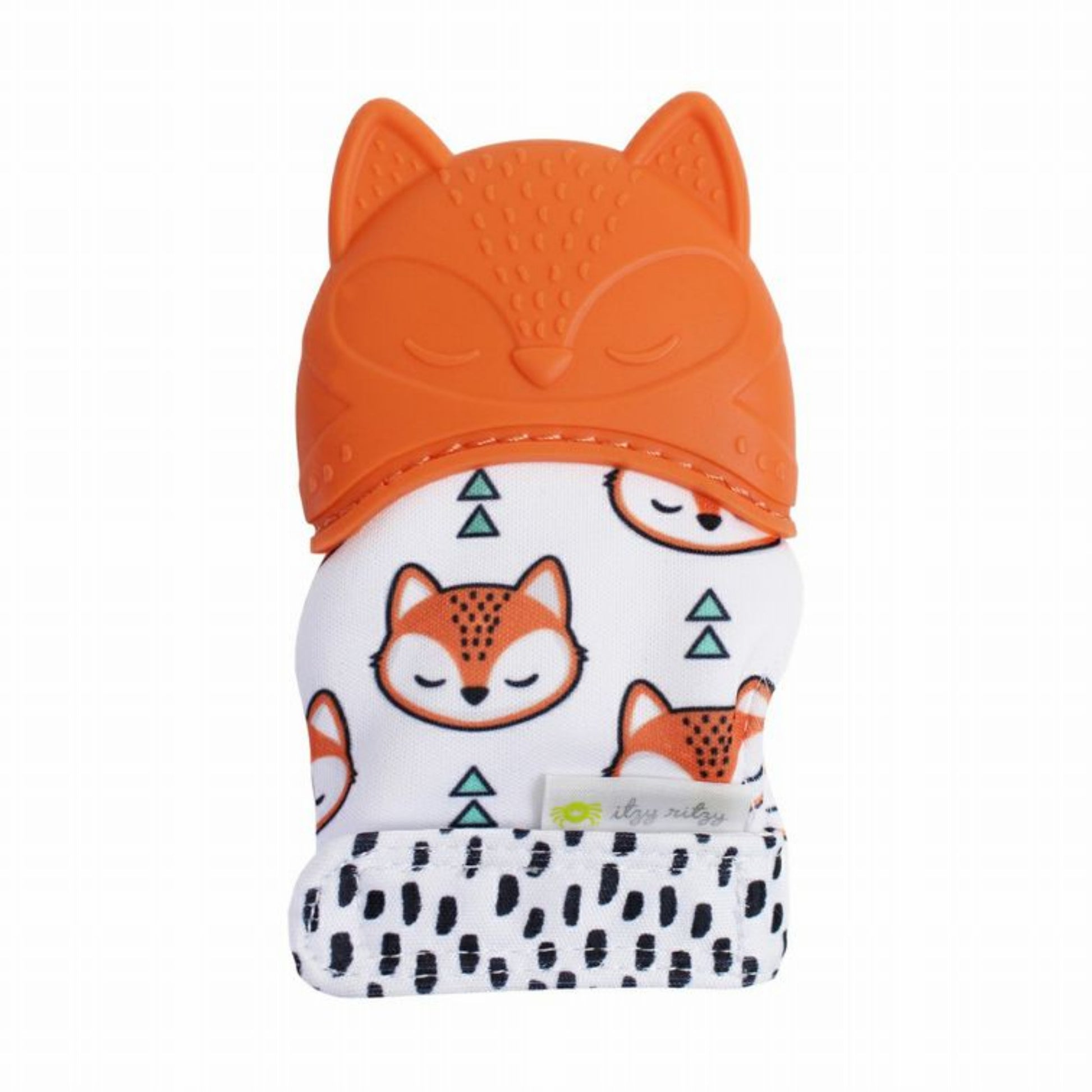 Itzy Ritzy Teething Mitt Orange Fox. Silicone orange fox top and texture crinkle fox print mitt. Velcros on off hand. - Little Gift Nook