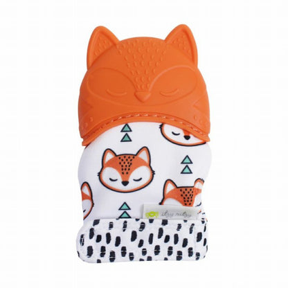 Itzy Ritzy Teething Mitt Orange Fox. Silicone orange fox top and texture crinkle fox print mitt. Velcros on off hand. - Little Gift Nook