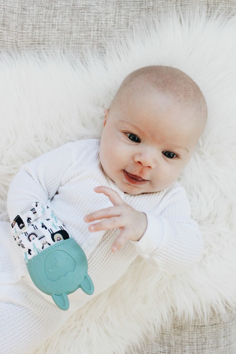 Itzy Ritzy Teething Mitt Teal Llama velcro onto baby's hand for teething - Little Gift Nook