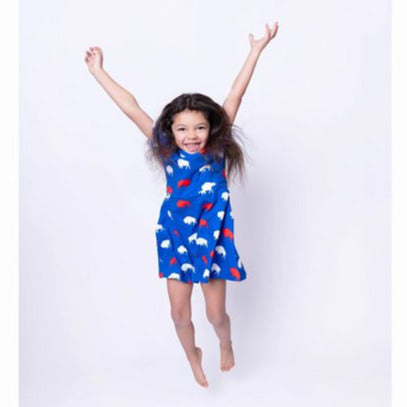 Little Girl jumping in air wearing the Kid's Blue Buffalo Print Dress. - Little Gift Nook