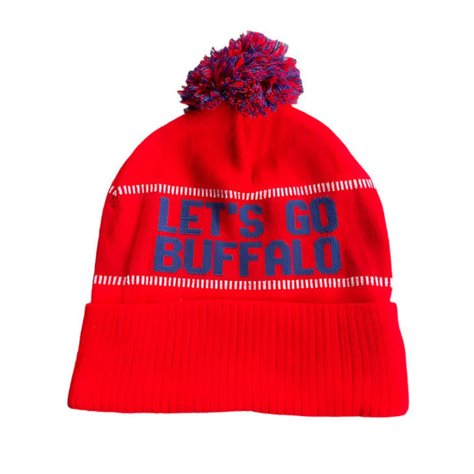 Let’s Go Buffalo red knit Adult Winter Hat. Red woven knit hat with blue LET'S GO BUFFALO on front and red blue pom pom on top. - Little Gift Nook