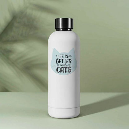 Life is Better with Cats Waterproof Sticker. Baby blue cat face shaped sticker with Life is better with cats on front in black text on water bottle. Little Gift Nook.