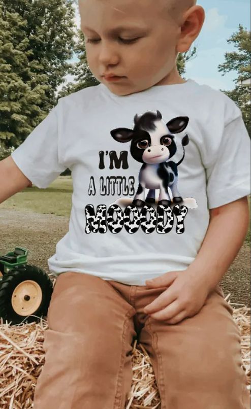 I'm a Little Moody Cow Tshirt. Little boy wearing white I'm a little Moody cow tshirt. - Little Gift Nook