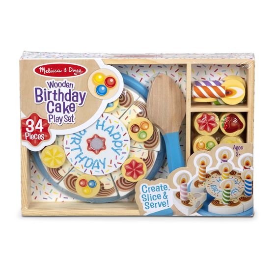 Melissa & Doug Birthday Party Birthday Cake Playset. Wooden play food. Includes cake, tray, serving spatula, candles, centerpiece, and toppings. Velcro to stick.- Little Gift Nook