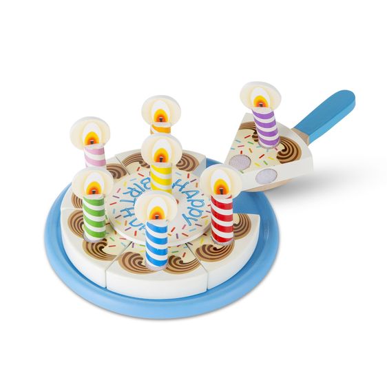 Melissa & Doug Birthday Party Birthday Cake Playset. Wooden play food cake with wooden candles that velcro on and off.  Use spatula to "cut" pieces of cake held together with velcro. Little Gift Nook.
