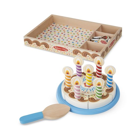 Melissa & Doug Birthday Party Birthday Cake Playset.  Wooden play food cake that comes in a box with candles, toppings. - Little Gift Nook