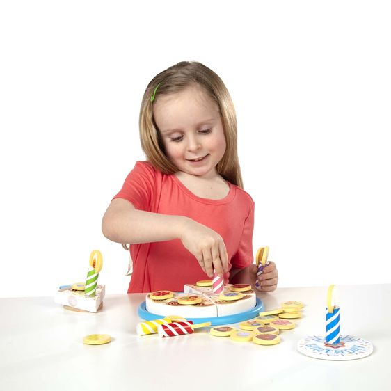 Melissa & Doug Birthday Party Birthday Cake Playset. Wooden play food. Put candles and toppings on cake with velcro.  - Little Gift Nook