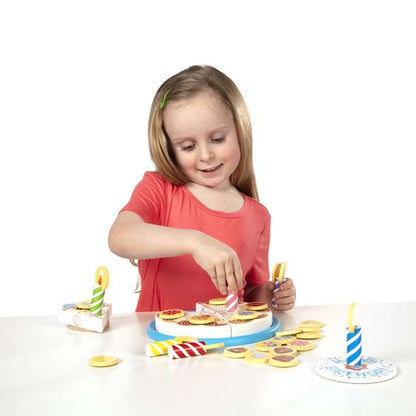 Melissa & Doug Birthday Party Birthday Cake Playset. Wooden play food. Put candles and toppings on cake with velcro.  - Little Gift Nook