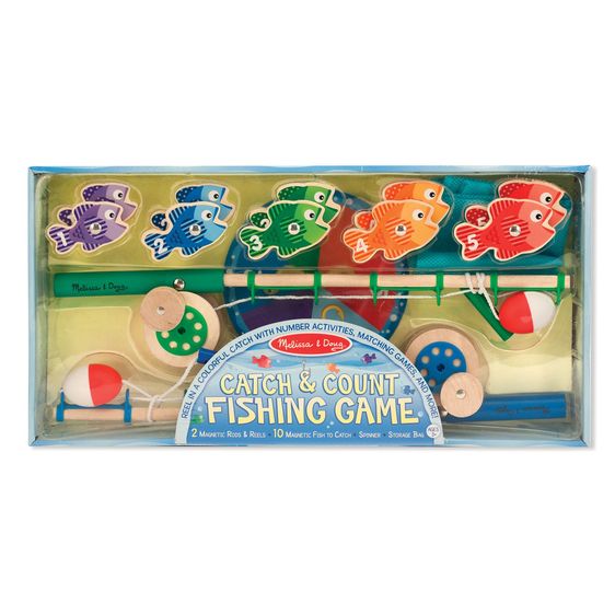 Melissa & Doug Catch & Count Fishing Game in package. ages 3 to 5. 2 rods, wooden colored numbered fish, spinner, and pretend water. - Little Gift Nook