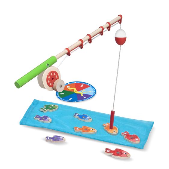 Melissa & Doug Catch & Count Fishing Game. Wooden fishing pole that magnetically catches wooden colored numbered fish. Includes spinning dial and pretend blue fabric as water.- Little Gift Nook