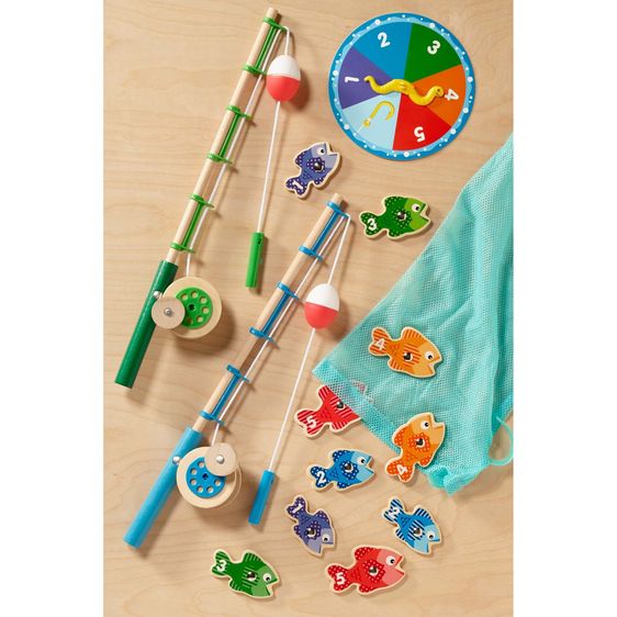 Melissa & Doug Catch & Count Fishing Game. Includes 2 wooden poles that do wind up. Wooden colored numbered fish with magnets to be picked up, spinning dial, and mesh bag to carry. - Little Gift Nook