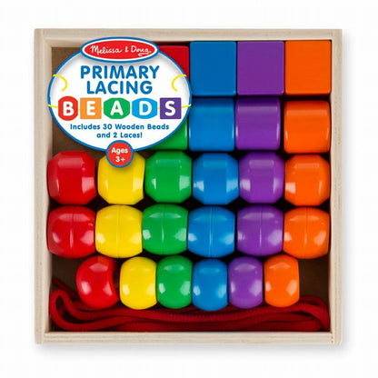 Melissa & Doug Primary Lacing Beads in package. Chunky woooden beads. Includes 30 wooden beads and 2 laces. - Little Gift Nook