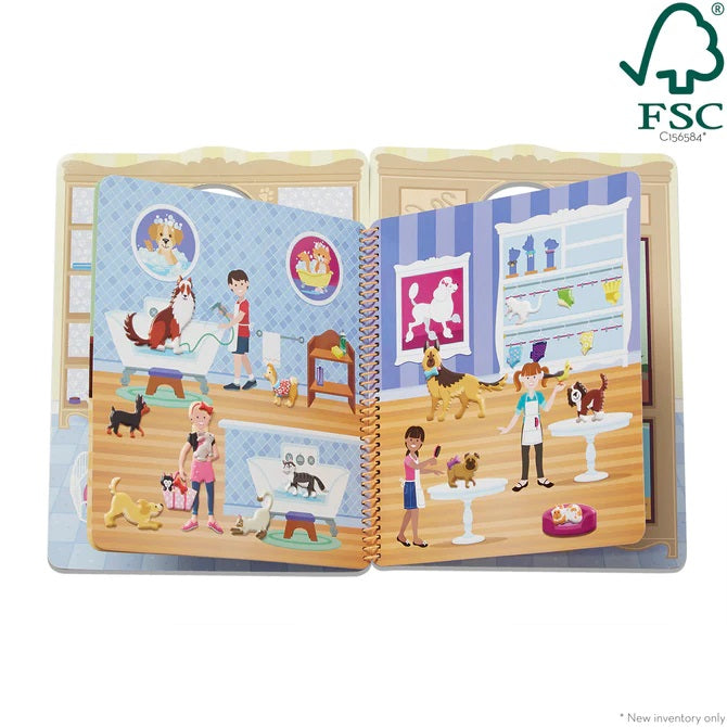 Melissa &amp; Doug Puffy Pet Place Reusable Sticker Activity Book. 10 page sticker book. Different scenes on each page including this one of a pet care business. - Little Gift Nook