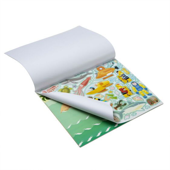 Melissa & Doug Reusable Sticker Pad Adventure.  Shows stickers and different pages.- Little Gift Nook