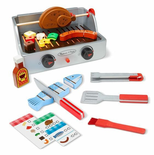Melissa & Doug Rotisserie & Grill Barbecue Set.  Shows wooden play grill with chicken, play food, and pretend cooking utensils.- Little Gift Nook