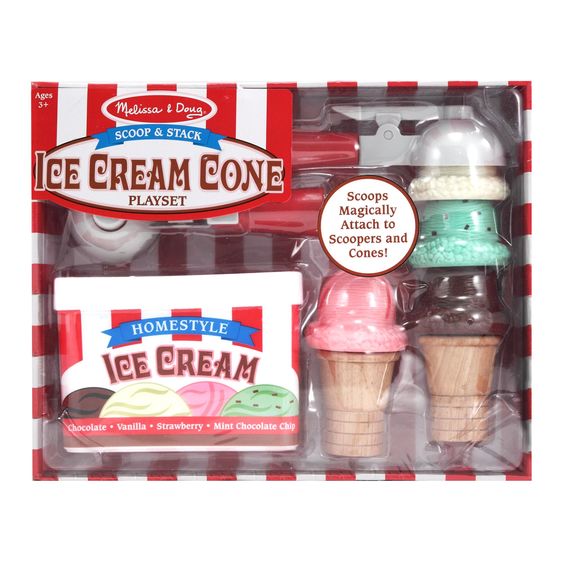 Melissa & Doug Scoop & Stack Ice Cream Cone Playset. Plastic ice cream container with lid, wooden cones, and pastic play food flavor scoops. 2 scoopers include.d  - Little Gift Nook