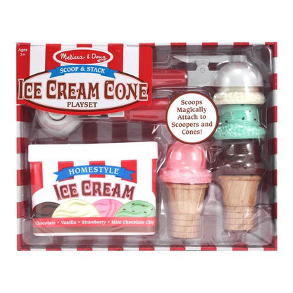 Melissa & Doug Scoop & Stack Ice Cream Cone Playset. Plastic ice cream container with lid, wooden cones, and pastic play food flavor scoops. 2 scoopers include.d  - Little Gift Nook