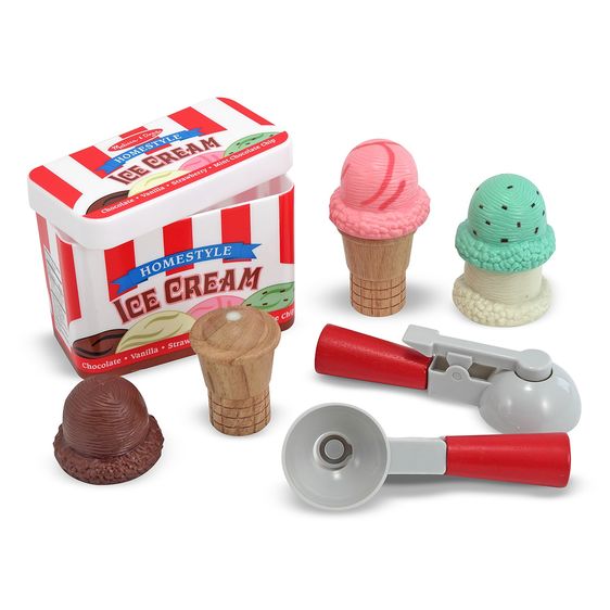 Melissa & Doug Scoop & Stack Ice Cream Cone Playset.  2 wooden play food cones with 4 plastic ice cream flavor scoops that connect onto cones. Includes 2 scoopers and container. - Little Gift Nook
