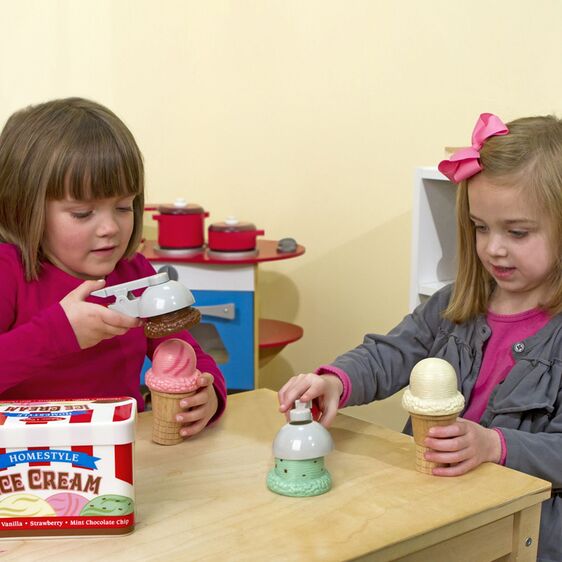 Melissa & Doug Scoop & Stack Ice Cream Cone Playset. Kids using 2 ice cream play scoopers to build their wooden play food cones with different flavor ice cream scoops. - Little Gift Nook