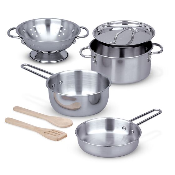 Melissa & Doug Let's Play House! Stainless Steel Pots & Pans. Includes strainer, 2 handle pot, 1 handle pot, pan, and wooden spatula and spoon.  Little Gift Nook.