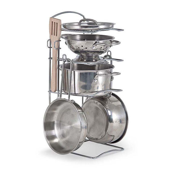 Melissa & Doug Let's Play House! Stainless Steel Pots & Pans. Comes all stacked on rack. - Little Gift Nook
