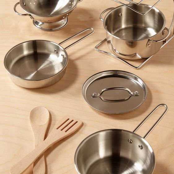 Melissa & Doug Let's Play House! Stainless Steel Pots & Pans. Pots, pans, and wooden spoon and spatula. - Little Gift Nook