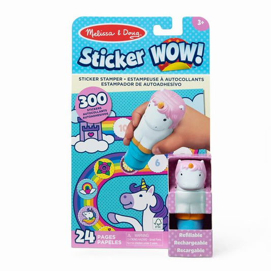 Melissa & Doug Sticker WOW Unicorn Activity Pad. Unicorn sticker stamper that is refillable and activity pad with 24 pages. 300 stickers.  - Little Gift Nook