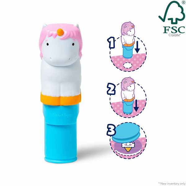 Melissa & Doug Sticker WOW Unicorn Activity Pad. Sticker stamper is white unicorn with pink ahir and blue bottom. Easy to hold and stamp the sticker out onto the designated spot on the pad. - Little Gift Nook