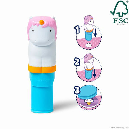 Melissa & Doug Sticker WOW Unicorn Activity Pad. Sticker stamper is white unicorn with pink ahir and blue bottom. Easy to hold and stamp the sticker out onto the designated spot on the pad. - Little Gift Nook