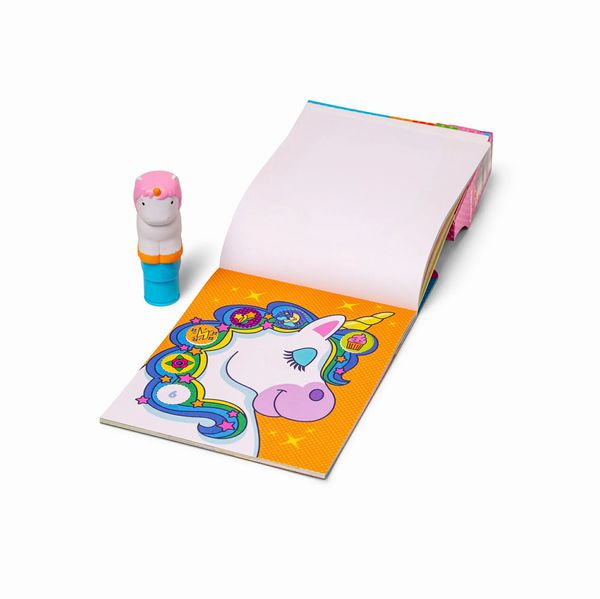 Melissa & Doug Sticker WOW Unicorn Activity Pad. Stamper in shape of unicorn with different pages in pad and sticker spots.  - Little Gift Nook
