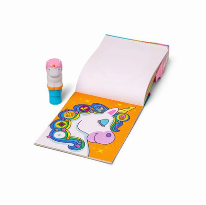 Melissa & Doug Sticker WOW Unicorn Activity Pad. Stamper in shape of unicorn with different pages in pad and sticker spots.  - Little Gift Nook