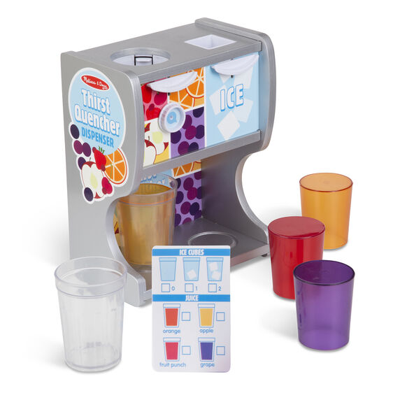 Melissa & Doug Thirst Quencher Dispenser. Comes with wooden dispenser, 3 plastic colored juices, 2 clear plastic "ice cubes", 2 clear plastic cups, and drink recipe card. Little Gift Nook.
