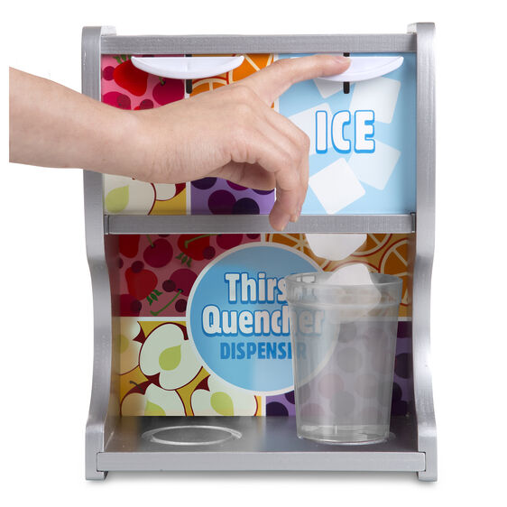 Melissa & Doug Thirst Quencher Dispenser. Front of dispenser has leavers that release the plastic ice cubes and colored juices into cups. - Little Gift Nook