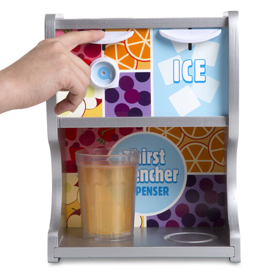 Melissa & Doug Thirst Quencher Dispenser. Leaver to dispense colored juices into plastic cups. Makes it looks like it filled the cup with juice. - Little Gift Nook