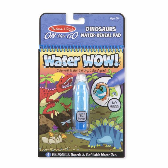 Melissa & Doug Water Wow Dinosaurs activity pad. Refillable water pen and dino theme reusable boards with color reveal when wet. Little Gift Nook. 