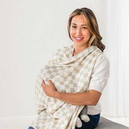 Nursing  Cover & Swaddle Blanket in Tan and white checkered pattern.  Drapped over mom and baby as a nursing cover. - Little Gift Nook