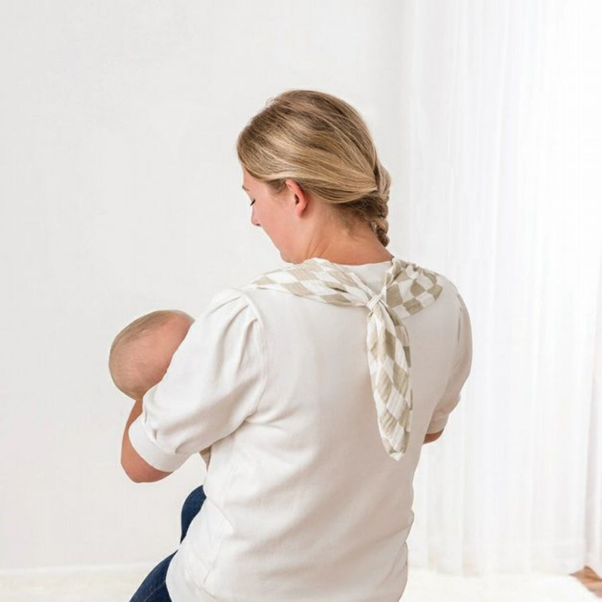 Nursing Cover & Swaddle Blanket in Tan & white checkered pattern.  Ties in back around neck for nursing cover. Little Gift Nook.