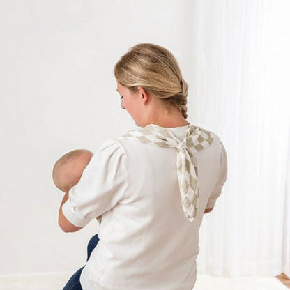 Nursing Cover & Swaddle Blanket in Tan & white checkered pattern.  Ties in back around neck for nursing cover. Little Gift Nook.