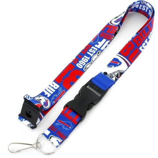 NFL Buffalo Bills Dynamic Lanyard. Royal blue, red, and white with Bills logo, wordmark, est 1960, and helmet print. Great Easter Gift and Father's Day Gift. - Little Gift Nook