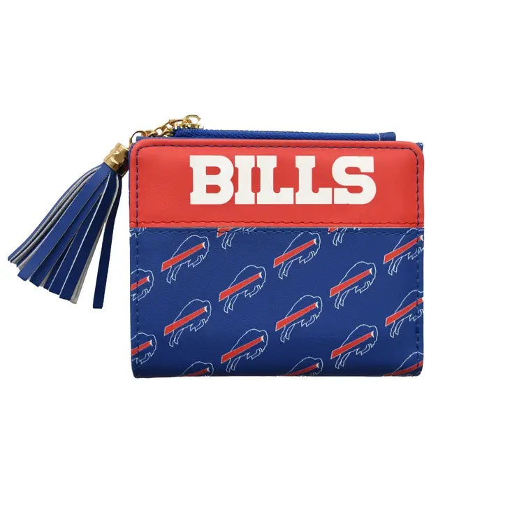 NFL Buffalo Bills Organizer Wallet. Royal blue with Bills logo print on front and red Bills wordmark logo at top. Blue tassel.- Little Gift Nook