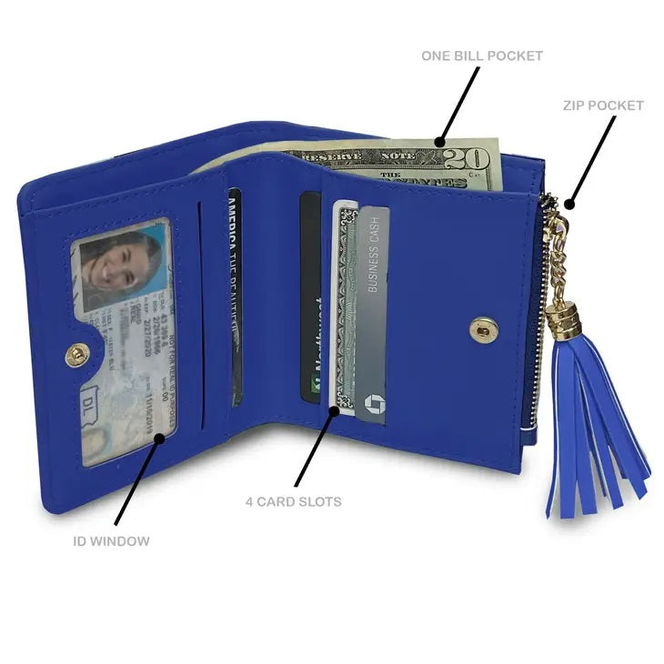 NFL Buffalo Bills Organizer Wallet snaps open with card slots, ID window, and back pocket. Zippered pocket for small change. Blue tassel at side.  - Little Gift Nook
