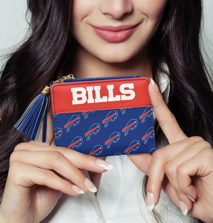 NFL Buffalo Bills Organizer Wallet. Royal blue red and white Bills logo and watermark pattern. Measures 7.28" L X 4.4" H X.05 W.- Little Gift Nook