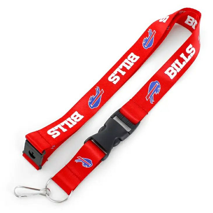 NFL Buffalo Bills Red Team Lanyard. Bills red with white wordmark logo and blue bills logo print on both sides. Easy release clip and keychain.- Little Gift Nook