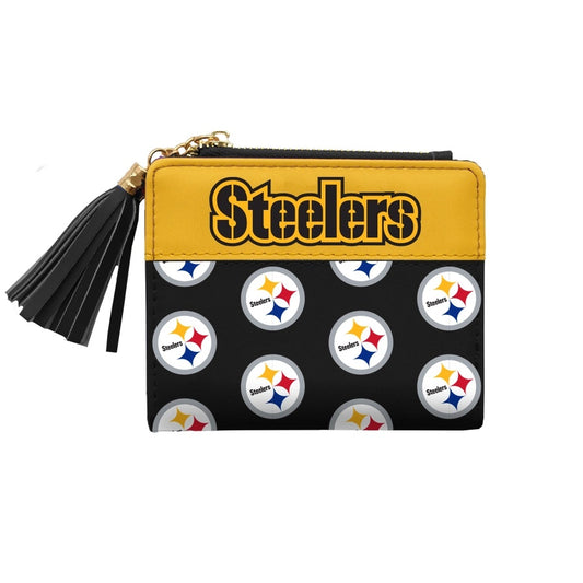 NFL Pittsburgh Steelers Mini Organizer Wallet. Black and yellow with the white logo print. Zips open and has black tassel.  - Little Gift Nook