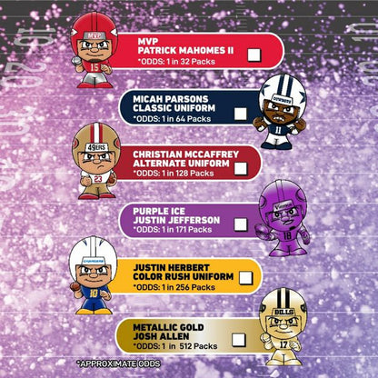 NFL Teeny Mates 2024 Mystery Collectible bags.  2 figures in each. 6 rare possible players plus 32 other players. 6 rare players for these bags included: MVP Patrick Mahomes II, Micah Parsons, Chrstian Mccaffrey, Purple Justin Jefferson, Justin Herbert, and Gold Josh Allen!- Little Gift Nook