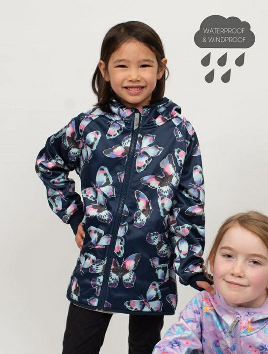 Girl's All-Weather Hooded Waterproof Raincoat Navy Butterfly Rain Jacket. Fleece lined.