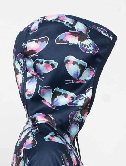 Girl's All-Weather Hooded Waterproof Raincoat Navy Butterfly Rain Jacket. Close up of hood. Little Gift Nook. 