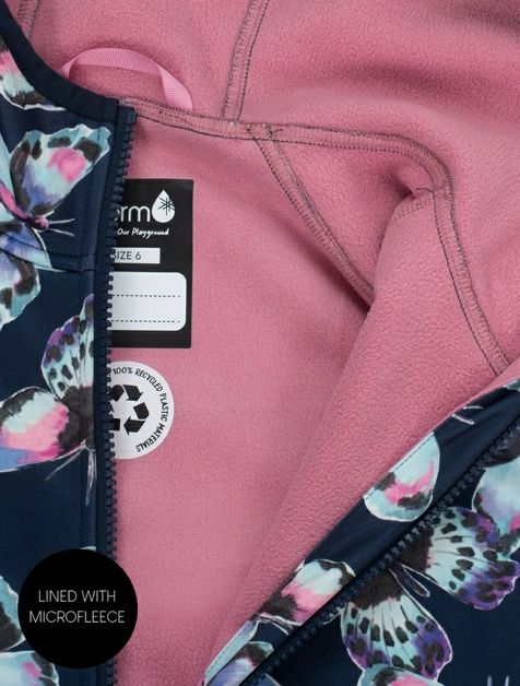 Girl's All-Weather Hooded Waterproof Raincoat Navy Butterfly Rain Jacket. Fleece lined. Little Gift Nook.