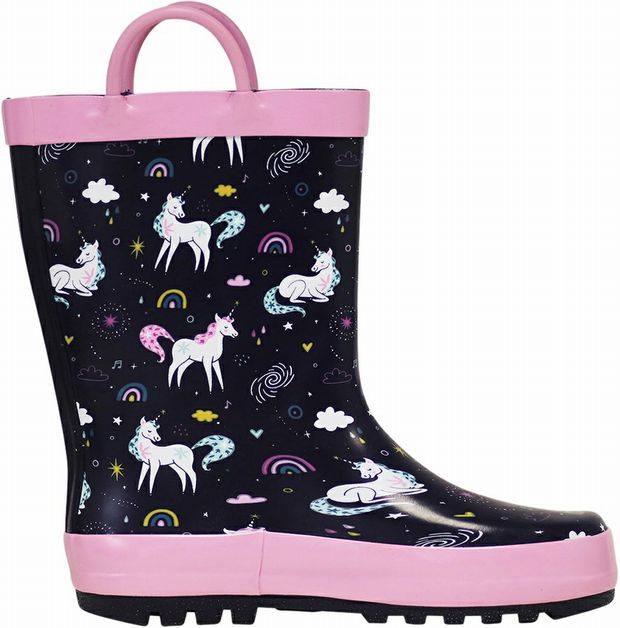 Kids Waterproof Navy Pink Unicorn Rain Boots with handles. - Little Gift Nook